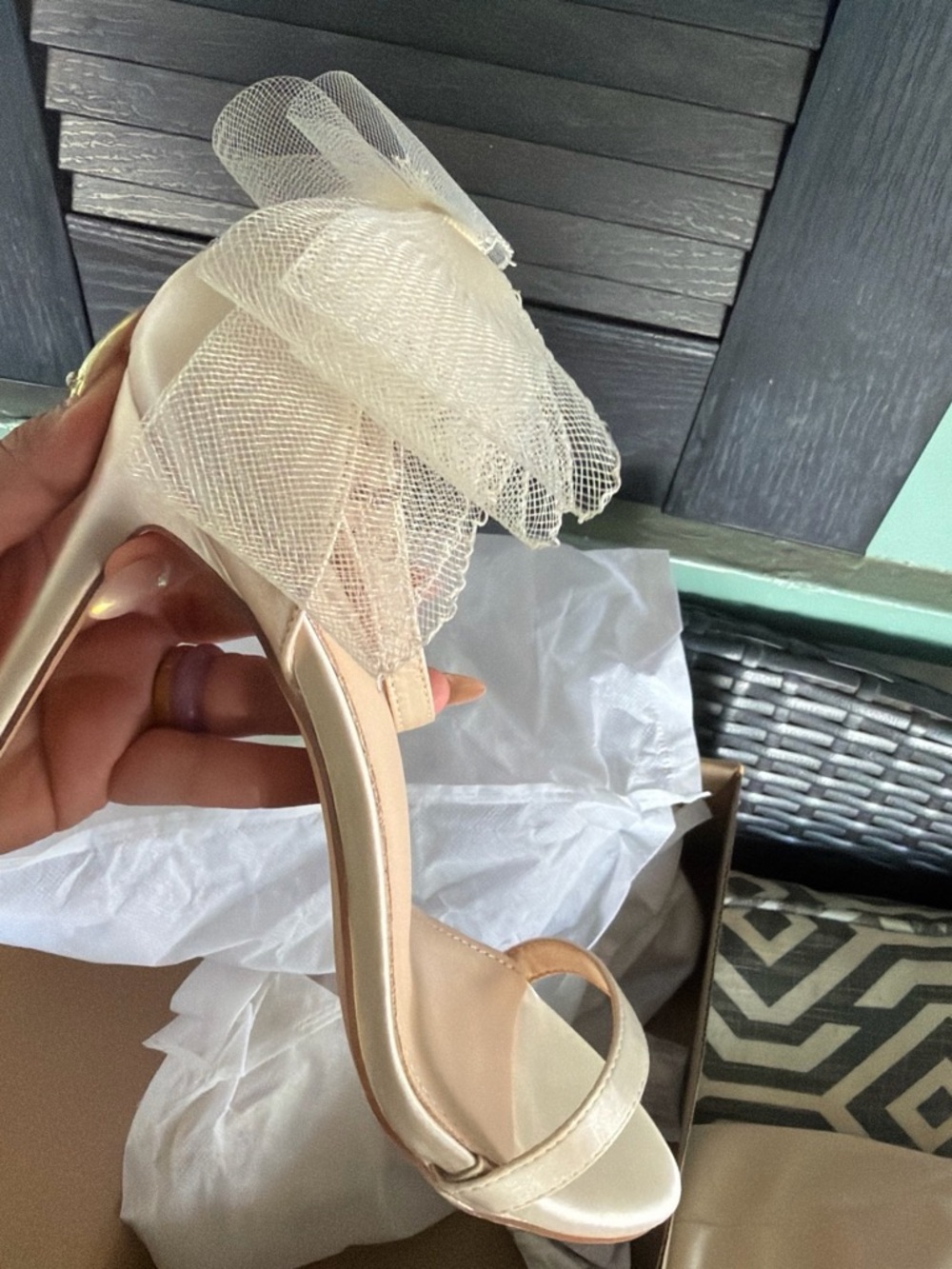 Women's Cream Satin High Heel Sandals with Tulle Bow Accent